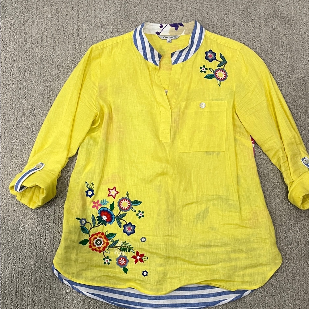 John Mark Yellow Blouse with Floral Embroidery